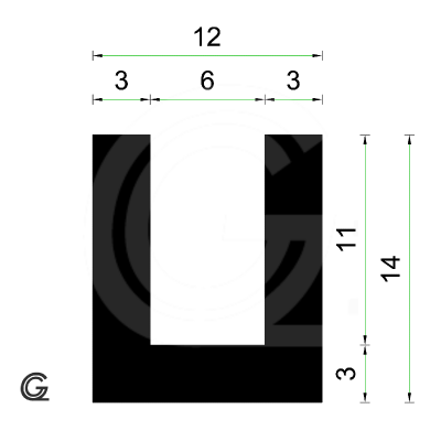 Rubber U Profiel | binnenmaat 6 mm | hoogte 14 mm | dikte 3 mm | Per Meter